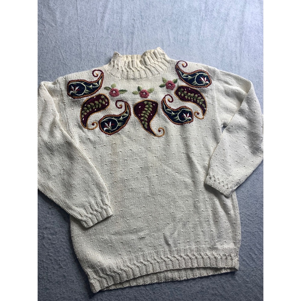 Marisa Christina S Classics Cream Paisley Floral‎ Mock Neck Knit Sweater vintage